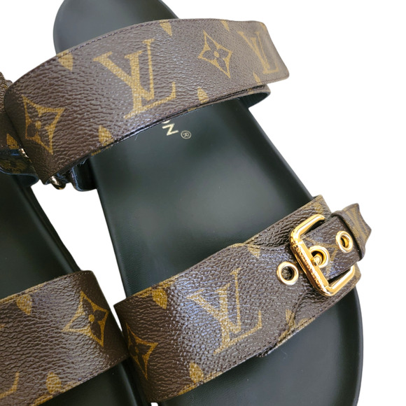 Louis Vuitton Monogram Bom Dia Leather Sandals LV Logo Brown Black Flat 10 40 - Picture 8 of 14